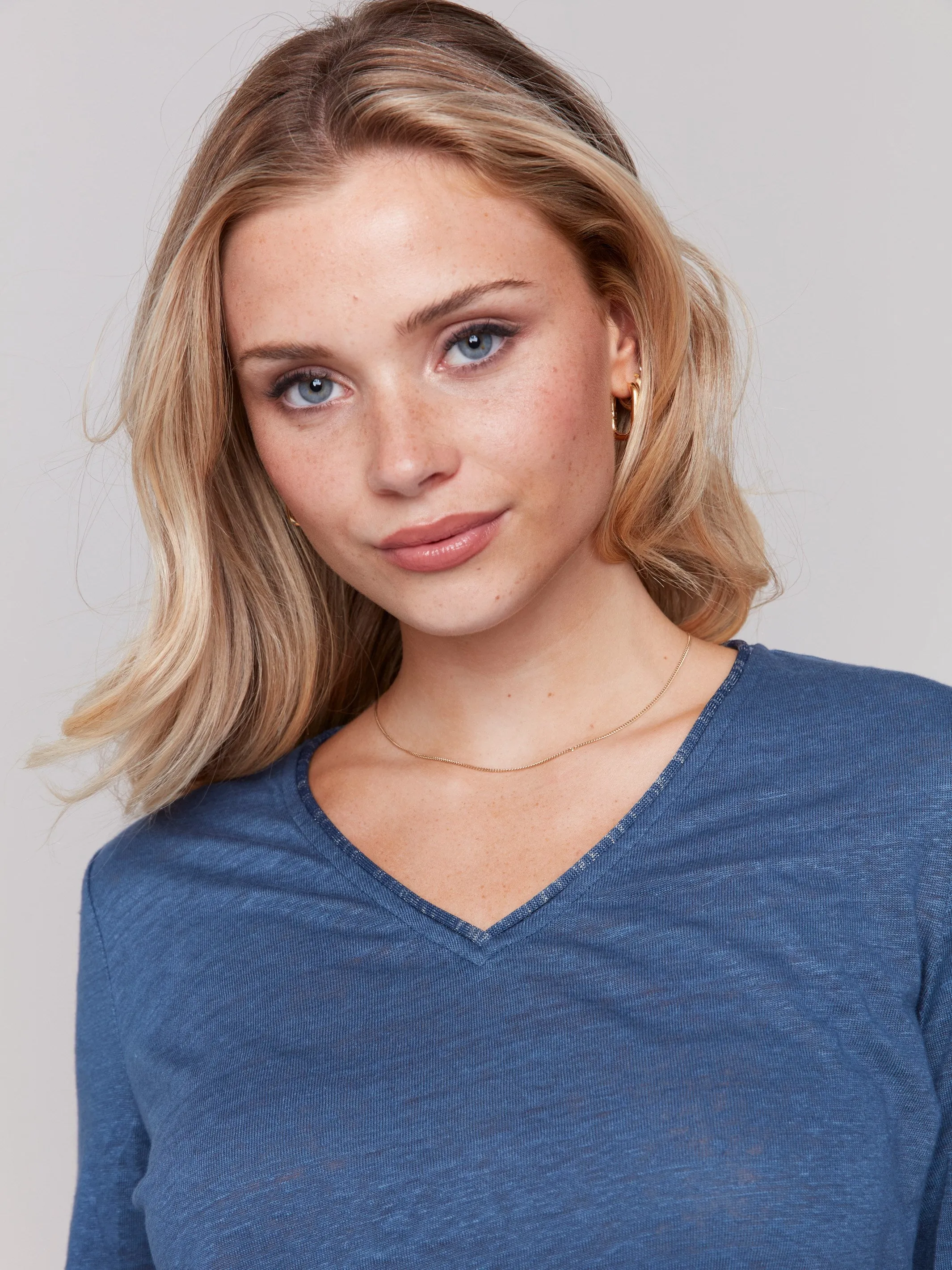 Linen Blend V-Neck Top - Denim