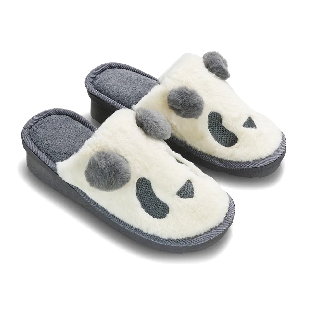 Lou Faux Fur Fluffy Flat Slip on Closed Toe Cosy Panda Slippers in Black