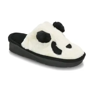 Lou Faux Fur Fluffy Flat Slip on Closed Toe Cosy Panda Slippers in Black