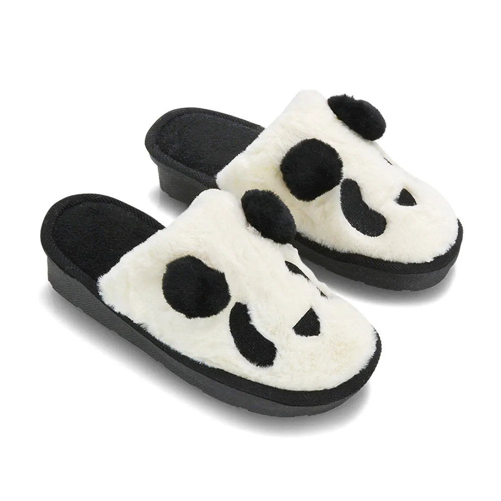 Lou Faux Fur Fluffy Flat Slip on Closed Toe Cosy Panda Slippers in Black