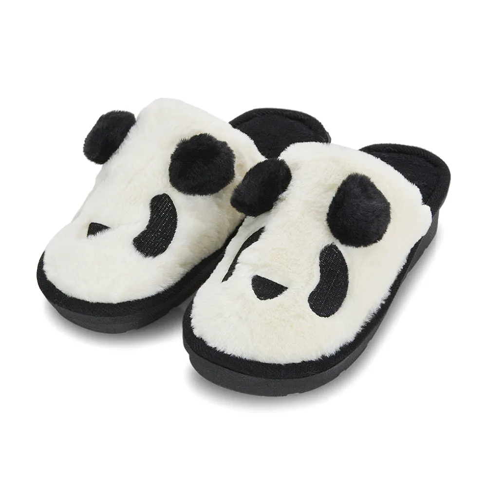 Lou Faux Fur Fluffy Flat Slip on Closed Toe Cosy Panda Slippers in Black