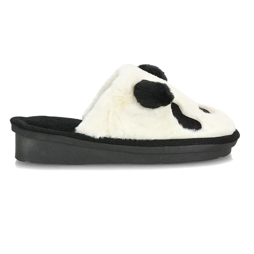 Lou Faux Fur Fluffy Flat Slip on Closed Toe Cosy Panda Slippers in Black