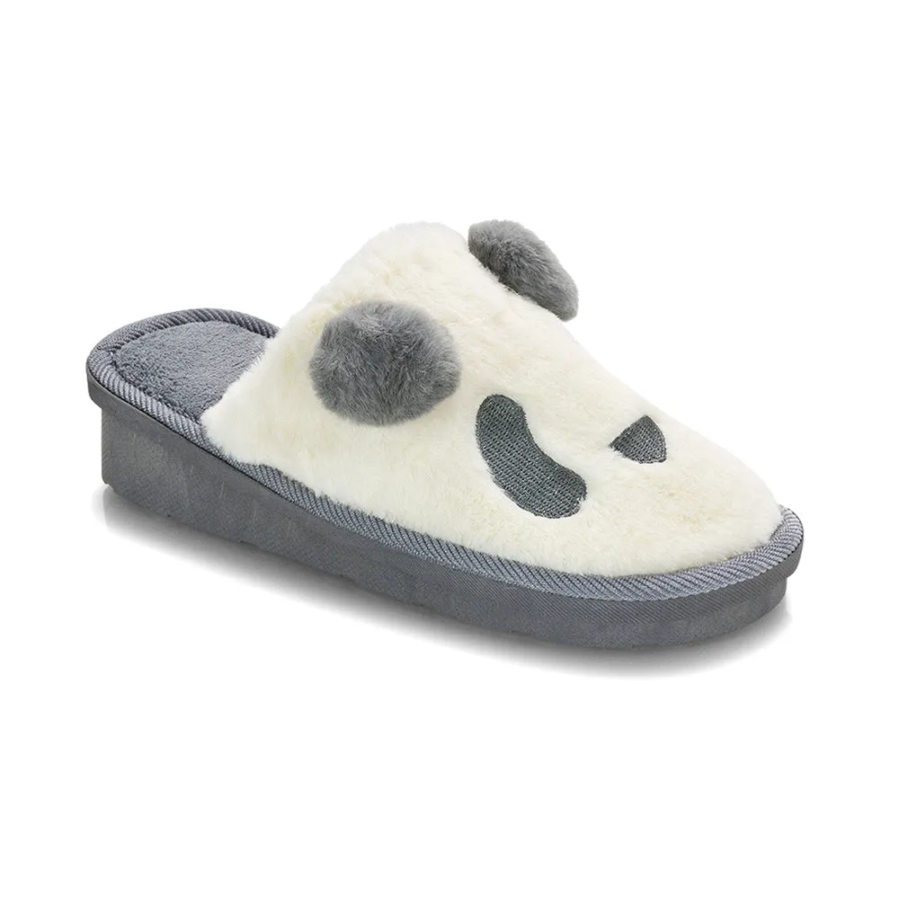 Lou Faux Fur Fluffy Flat Slip on Closed Toe Cosy Panda Slippers in Black