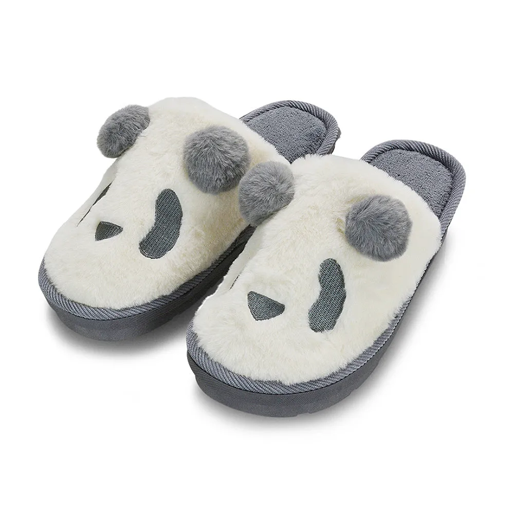 Lou Faux Fur Fluffy Flat Slip on Closed Toe Cosy Panda Slippers in Black