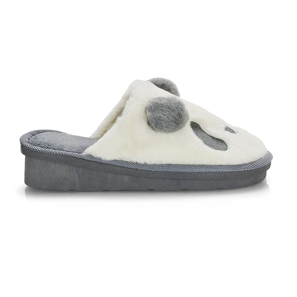 Lou Faux Fur Fluffy Flat Slip on Closed Toe Cosy Panda Slippers in Black
