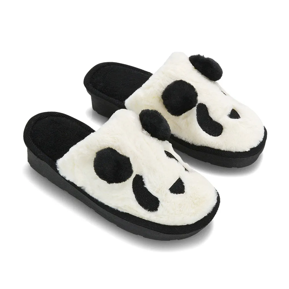 Lou Faux Fur Fluffy Flat Slip on Closed Toe Cosy Panda Slippers in Black