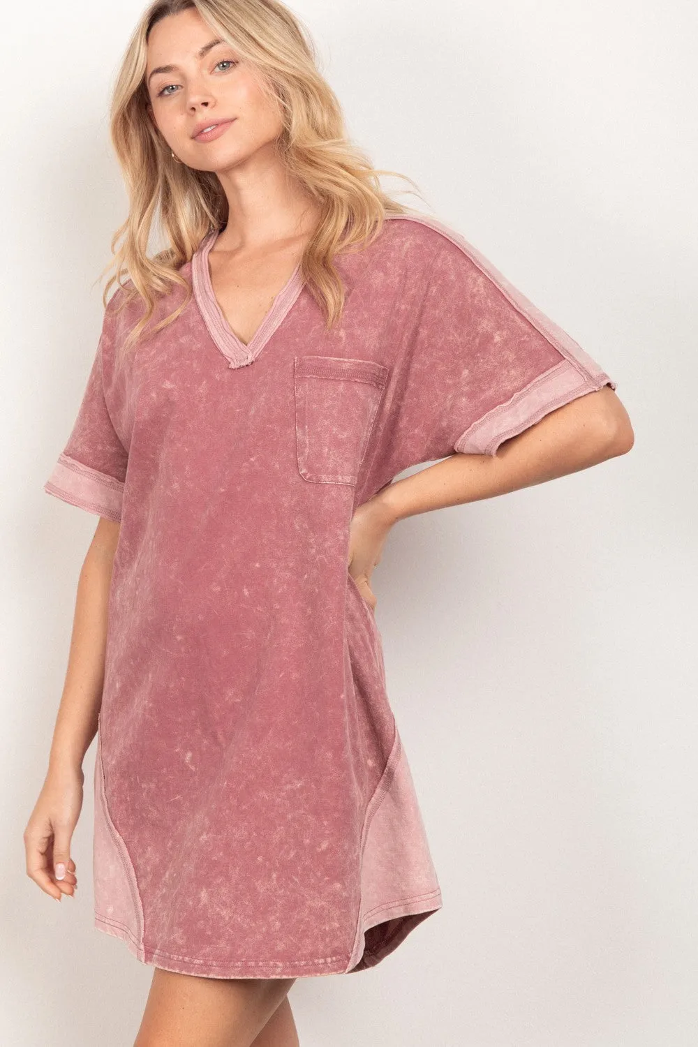 Mauve Short Sleeve V-Neck Tee Dress
