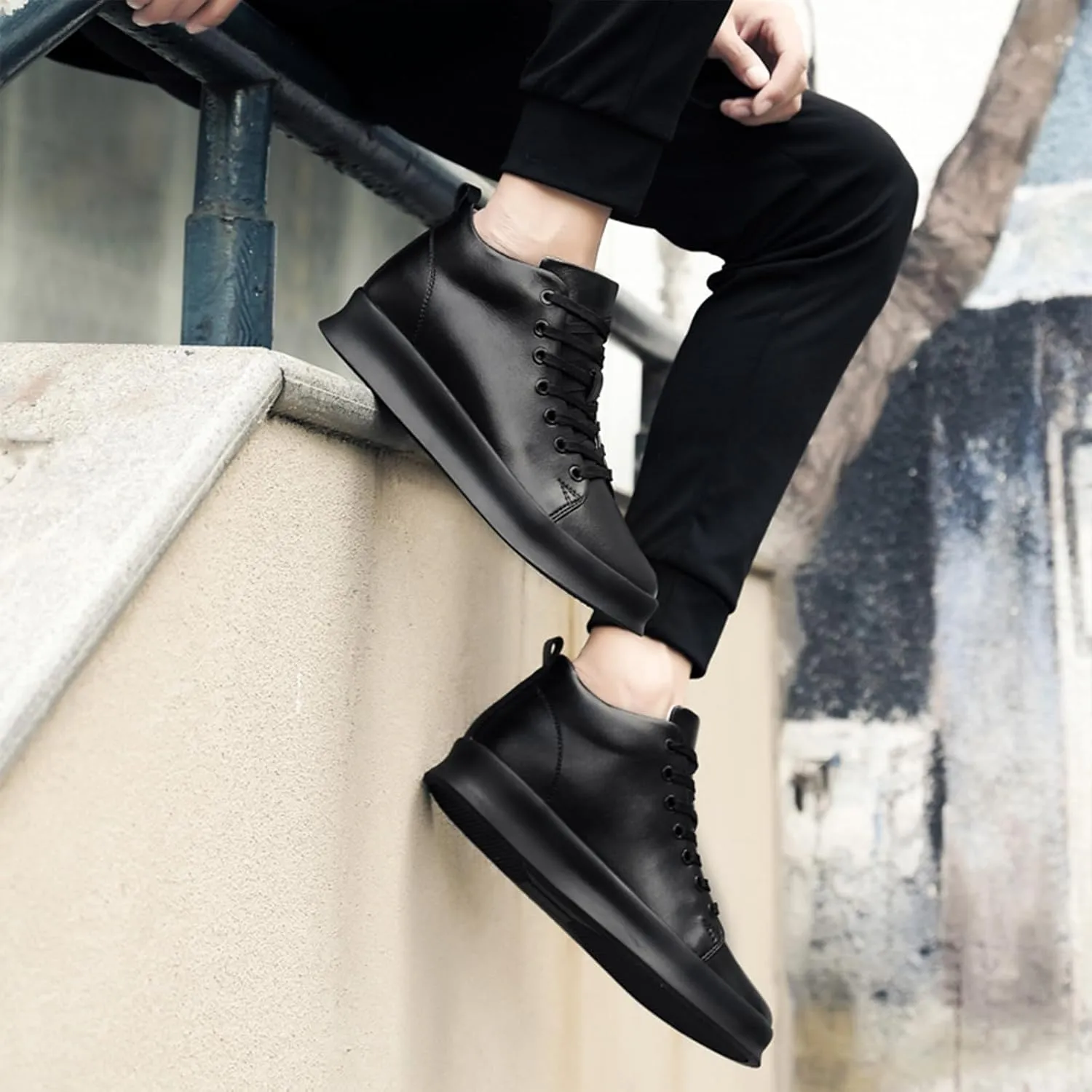 Men's Leather Height Enhancing Dress Oxford Sneakers Fashion Round toe Platform High Top Lace-up Skateboard Shoes Daily Classic Leisure Work Shoes