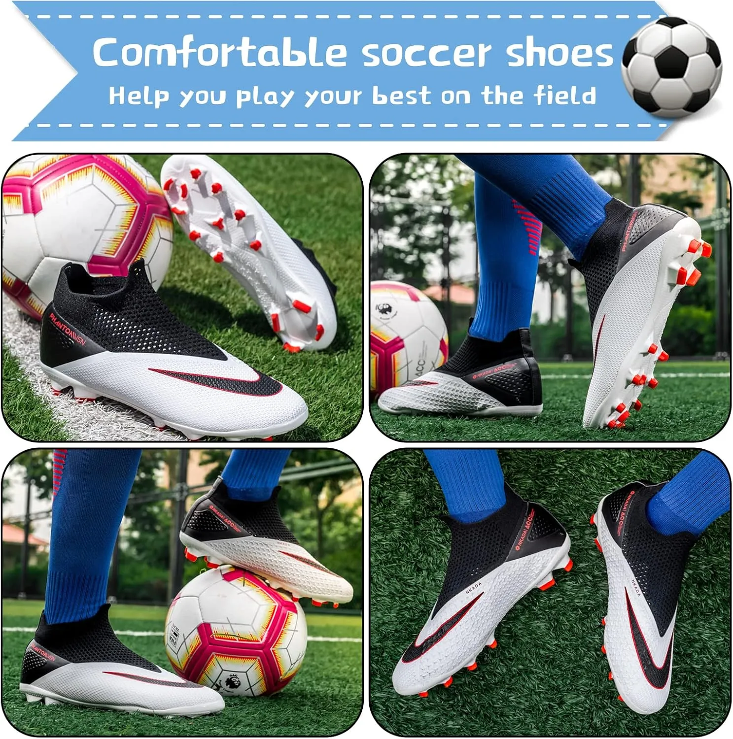 Men's Soccer Shoes High-Top Laceless Firm Ground Football Shoes Outdoor Indoor Boys Athletic Soccer Cleats