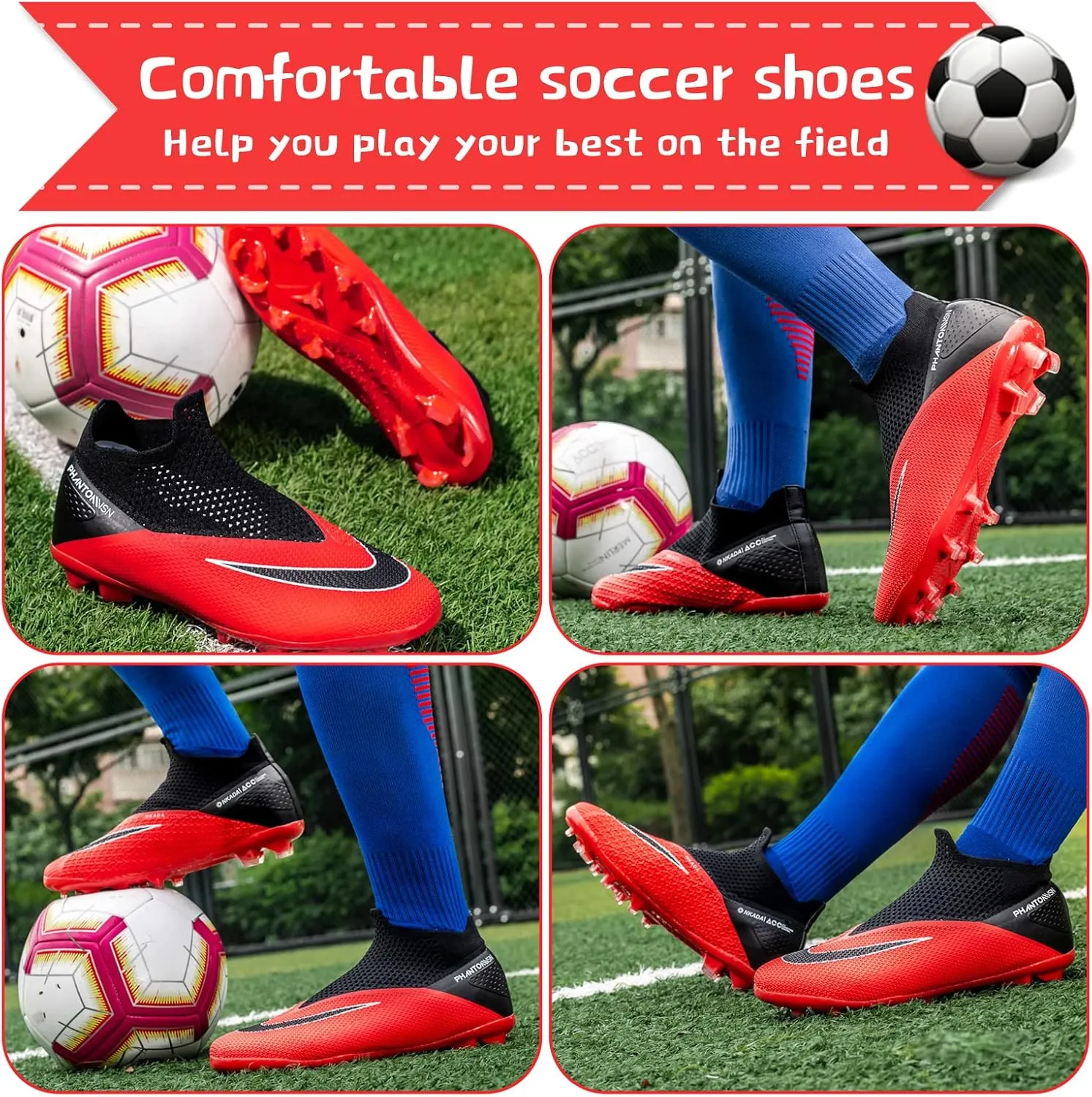 Men's Soccer Shoes High-Top Laceless Firm Ground Football Shoes Outdoor Indoor Boys Athletic Soccer Cleats