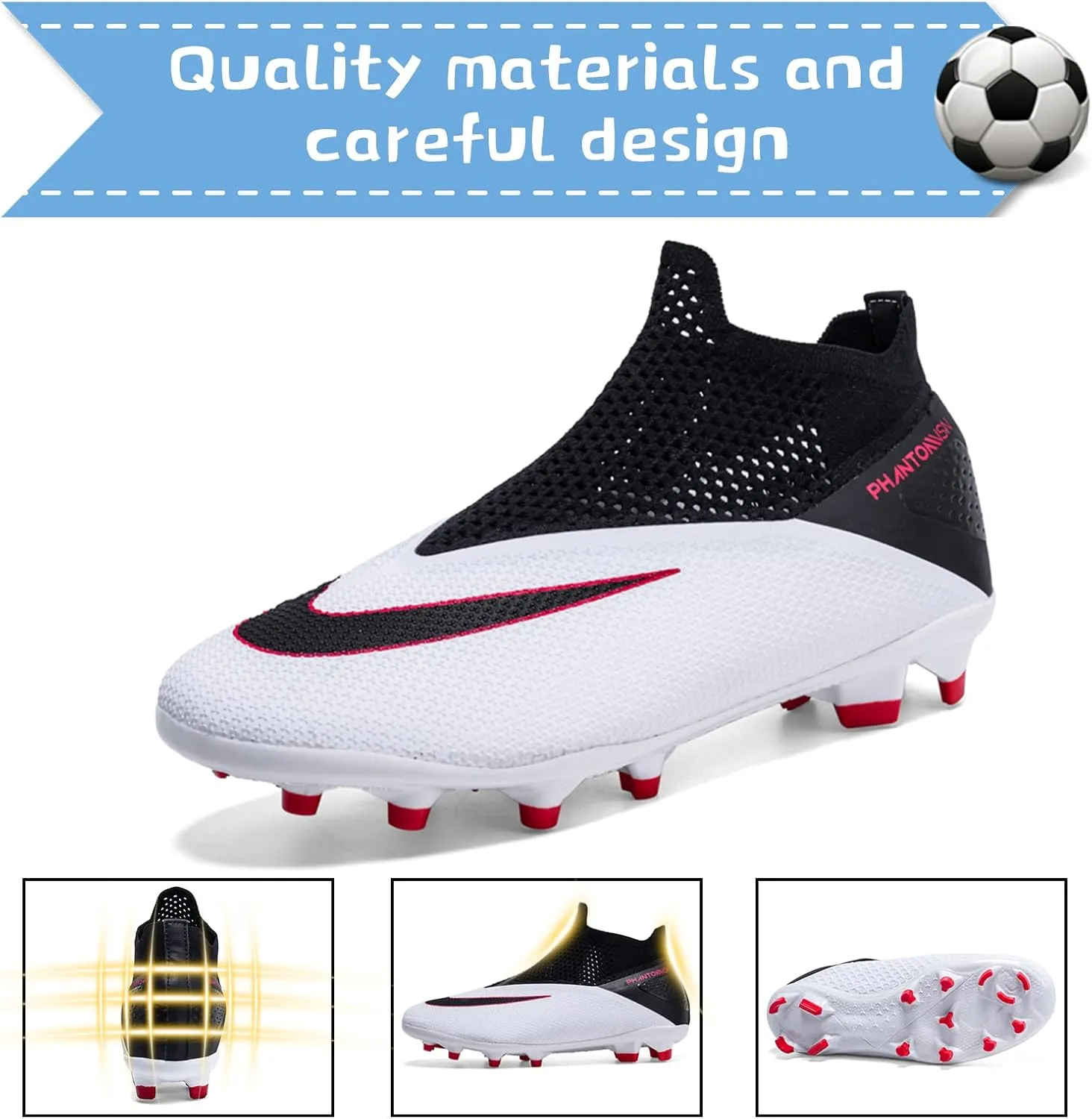Men's Soccer Shoes High-Top Laceless Firm Ground Football Shoes Outdoor Indoor Boys Athletic Soccer Cleats