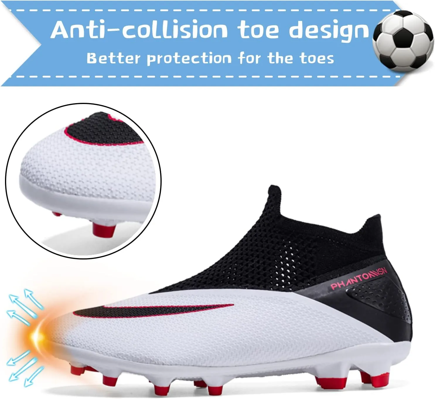 Men's Soccer Shoes High-Top Laceless Firm Ground Football Shoes Outdoor Indoor Boys Athletic Soccer Cleats