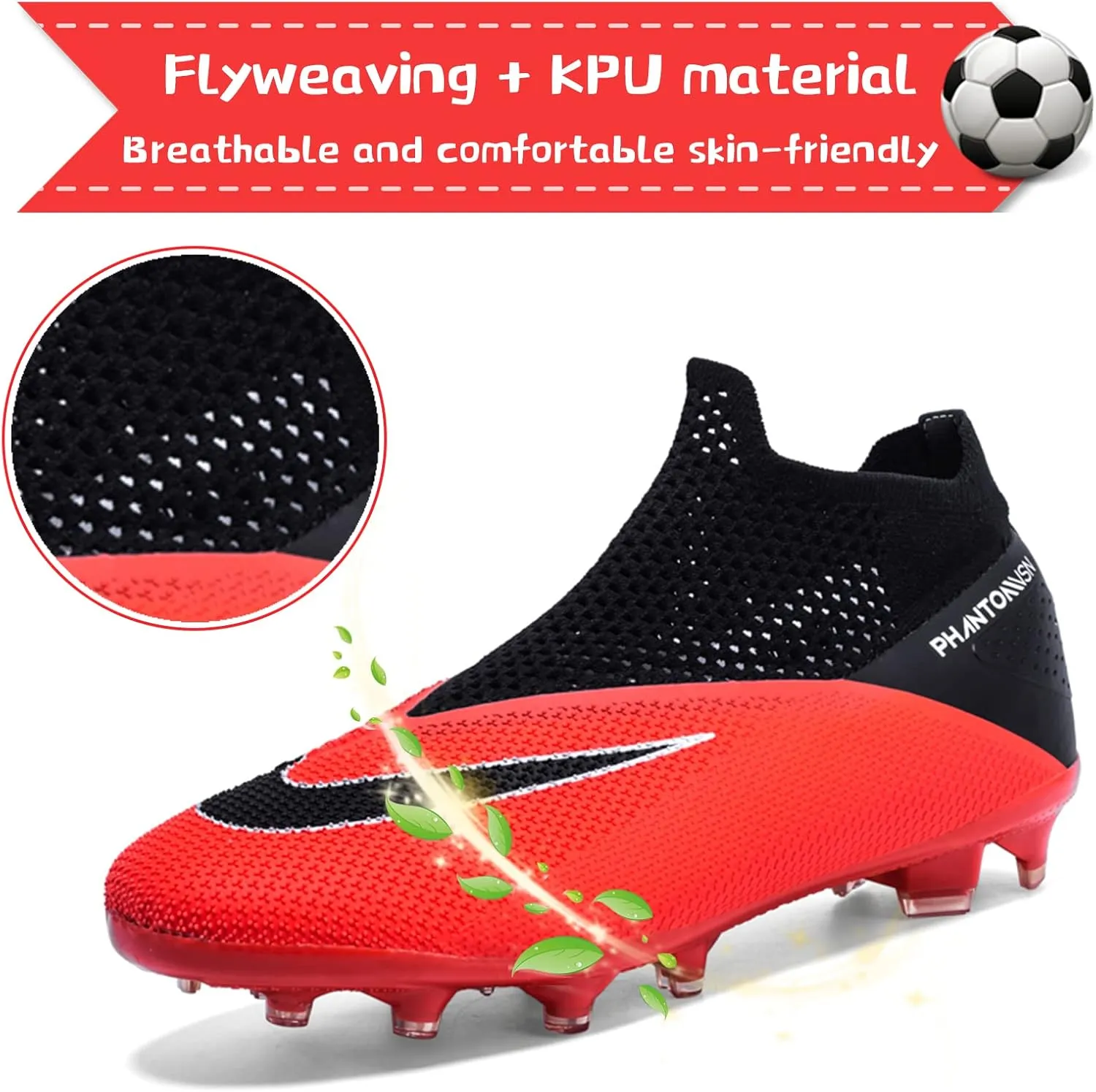 Men's Soccer Shoes High-Top Laceless Firm Ground Football Shoes Outdoor Indoor Boys Athletic Soccer Cleats
