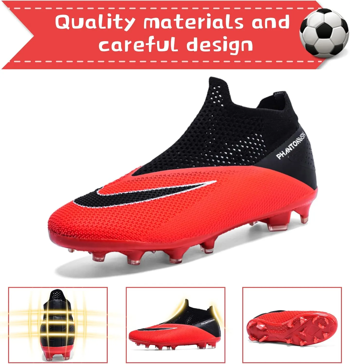 Men's Soccer Shoes High-Top Laceless Firm Ground Football Shoes Outdoor Indoor Boys Athletic Soccer Cleats