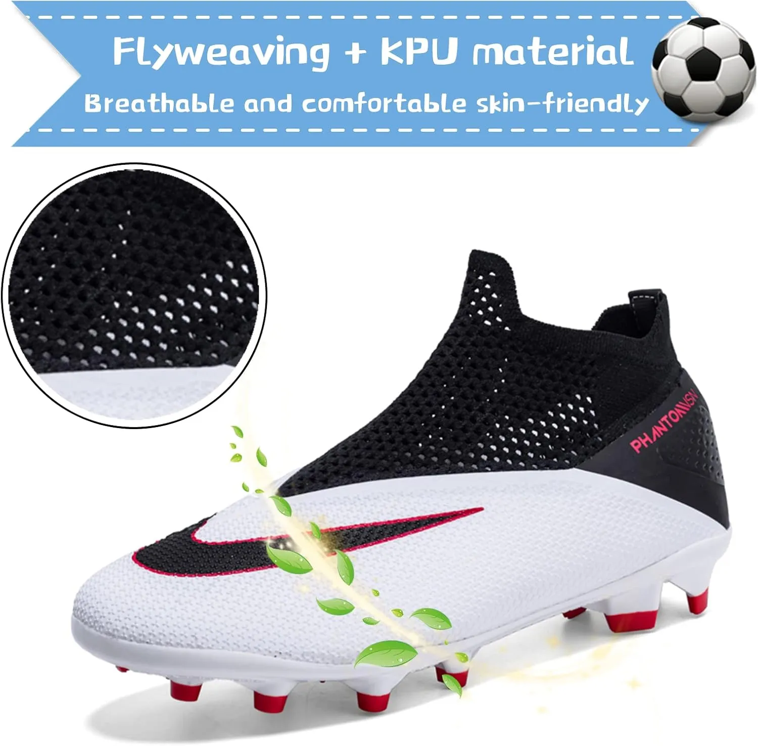 Men's Soccer Shoes High-Top Laceless Firm Ground Football Shoes Outdoor Indoor Boys Athletic Soccer Cleats
