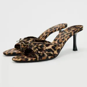 New European and American High Quality Women Shoes Bow Knot Leopard Print High Heel Slippers
