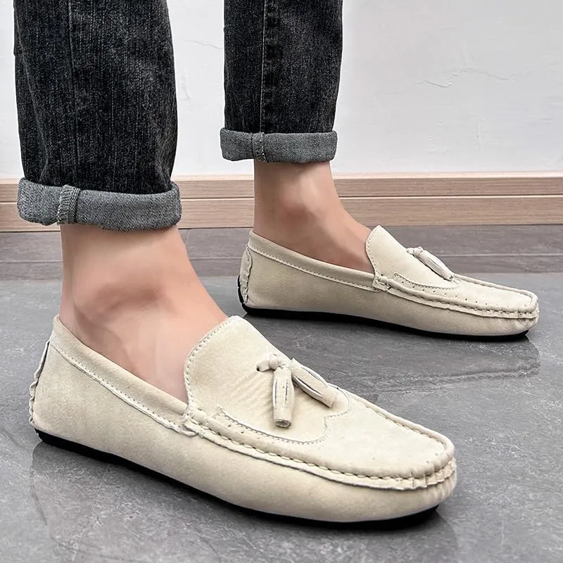 New Men's Loafers Shoes Square Toe Wingtips Suede Vegan Leather with Tassel Resistant Lightweight Flat Heel Classic Slip On