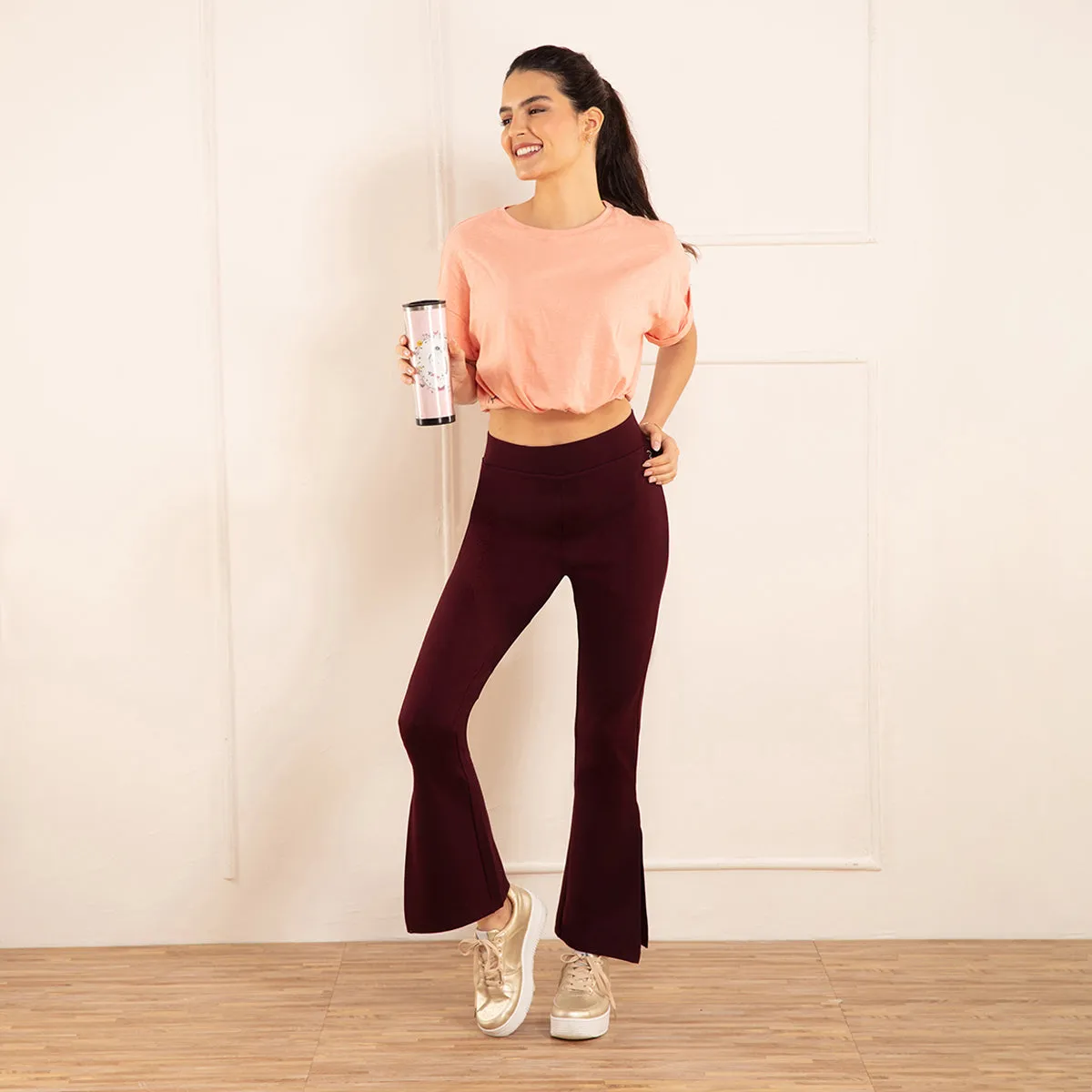 Nykd All Day High Waisted Flared Pants-NYAT234-Zinfandel