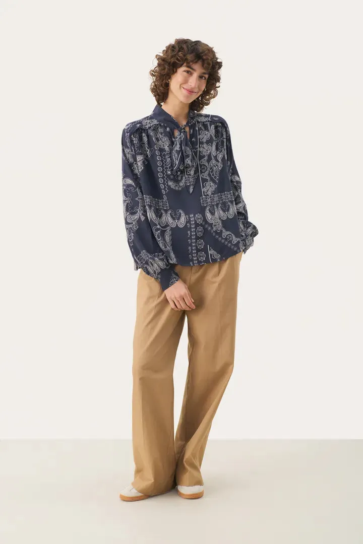 Part Two Najia bow front blouse Navy Graphic Paisley