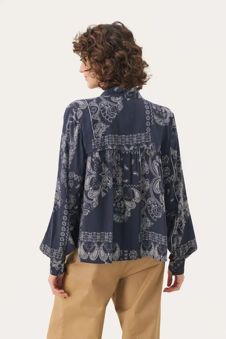Part Two Najia bow front blouse Navy Graphic Paisley