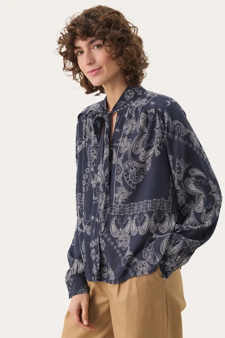 Part Two Najia bow front blouse Navy Graphic Paisley