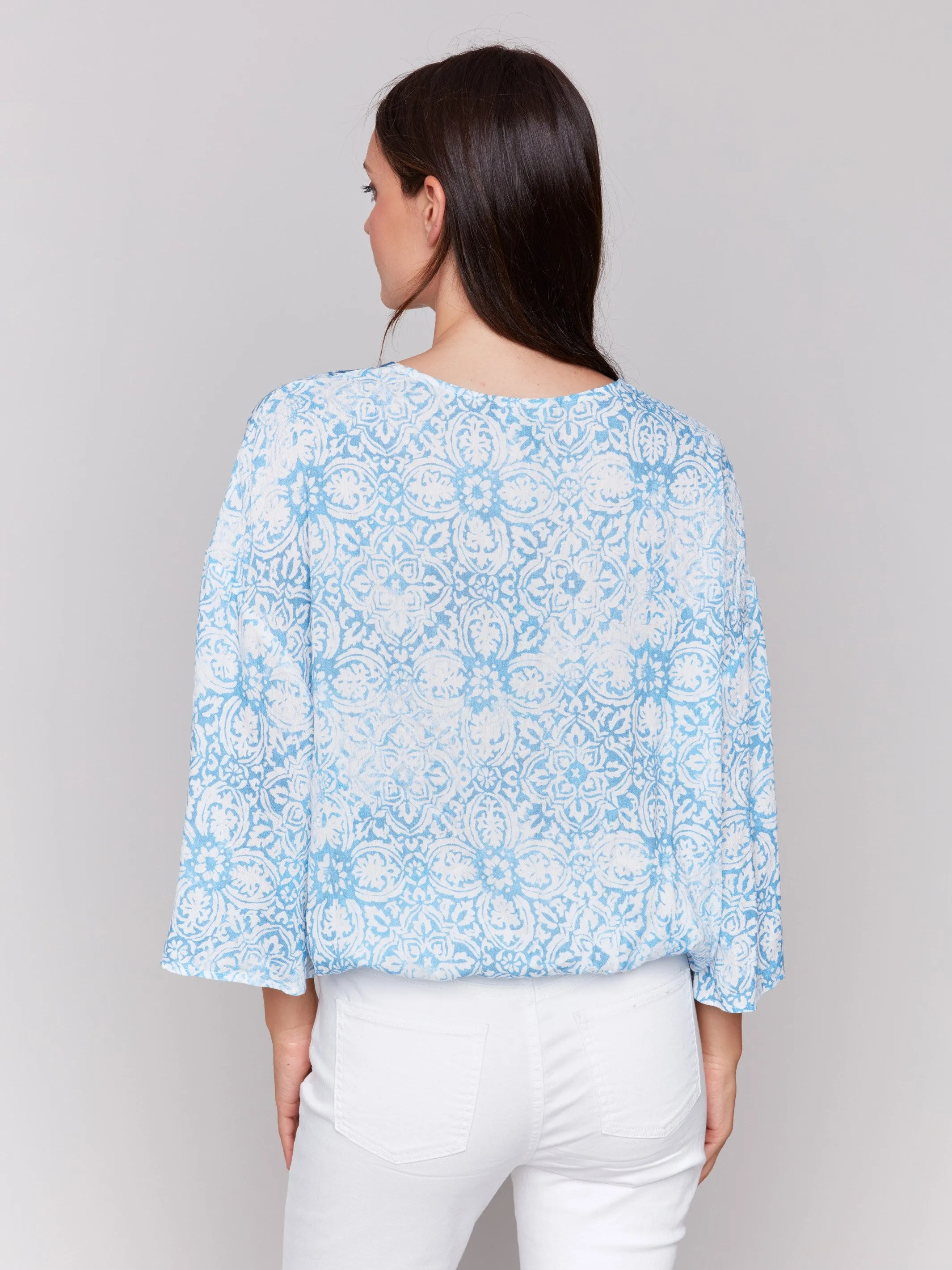 Printed Overlap Blouse - Denim