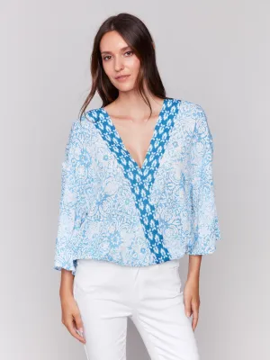 Printed Overlap Blouse - Denim