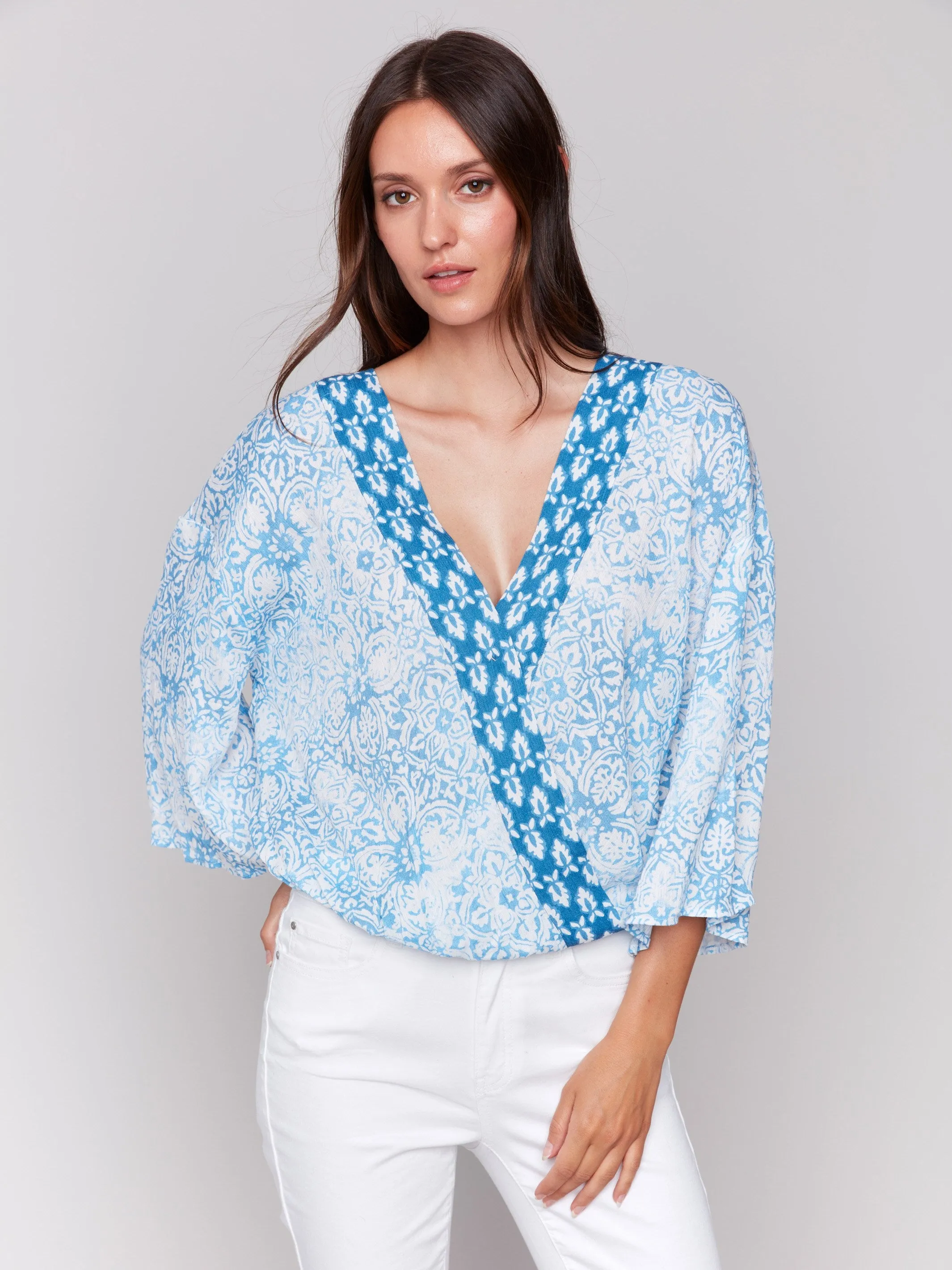 Printed Overlap Blouse - Denim