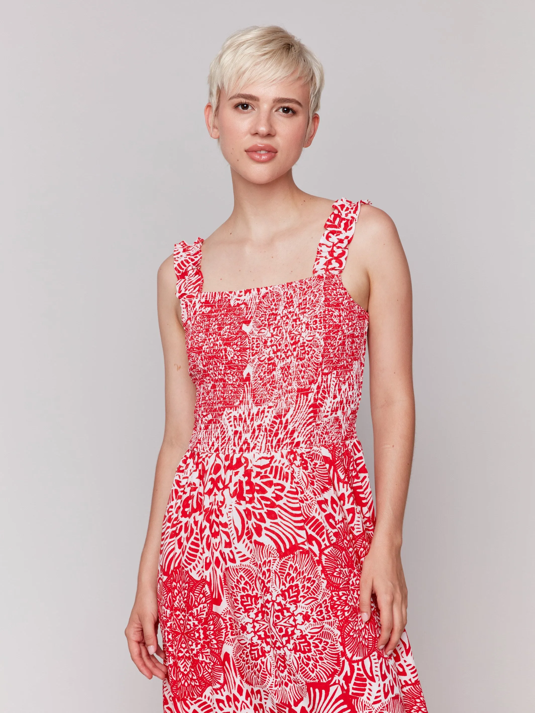 Printed Sleeveless Midi Dress with Shirring Detail - Fiesta