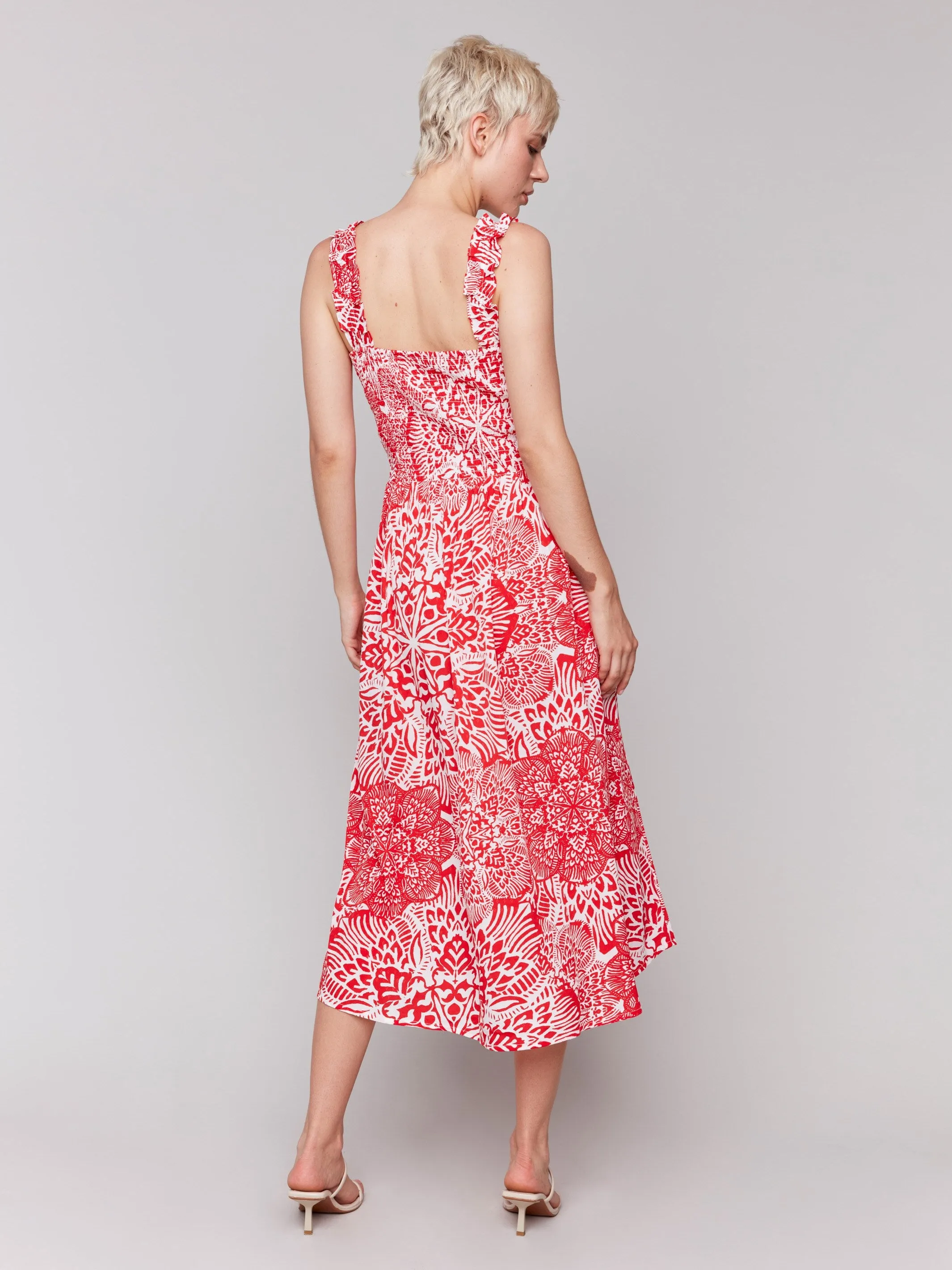 Printed Sleeveless Midi Dress with Shirring Detail - Fiesta