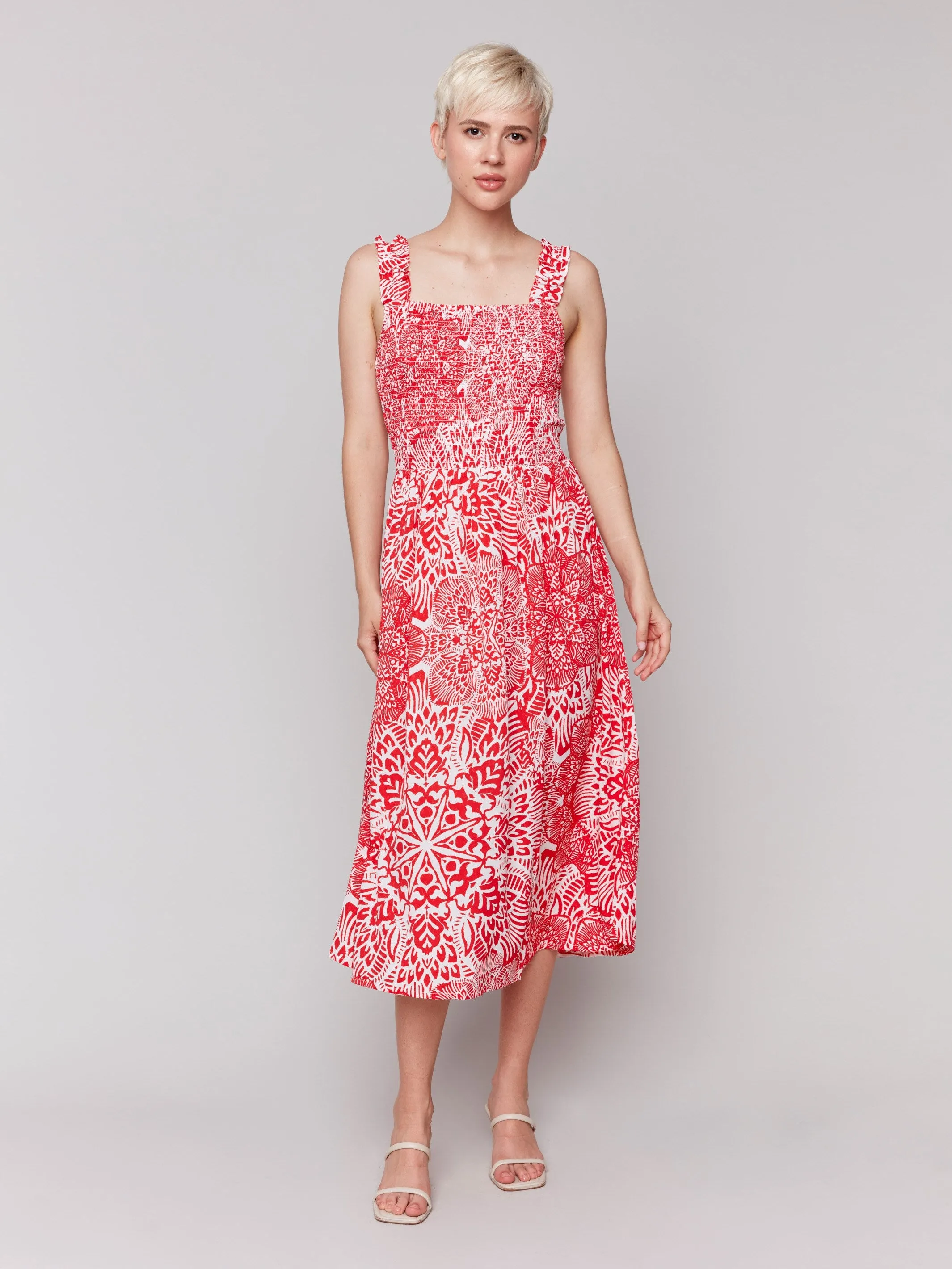 Printed Sleeveless Midi Dress with Shirring Detail - Fiesta