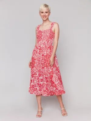 Printed Sleeveless Midi Dress with Shirring Detail - Fiesta