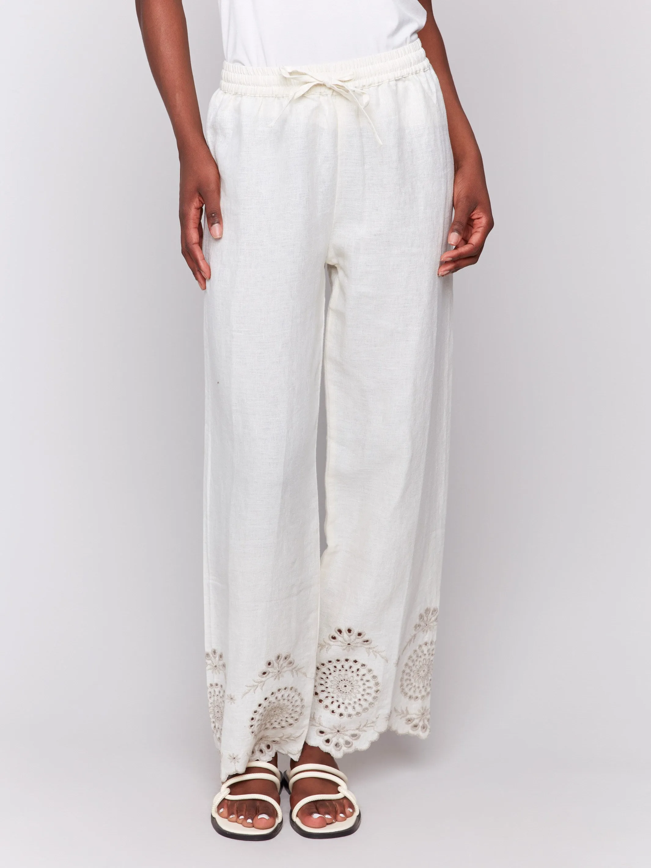 Pull-On Linen Pants with Eyelet Embroidery - Natural