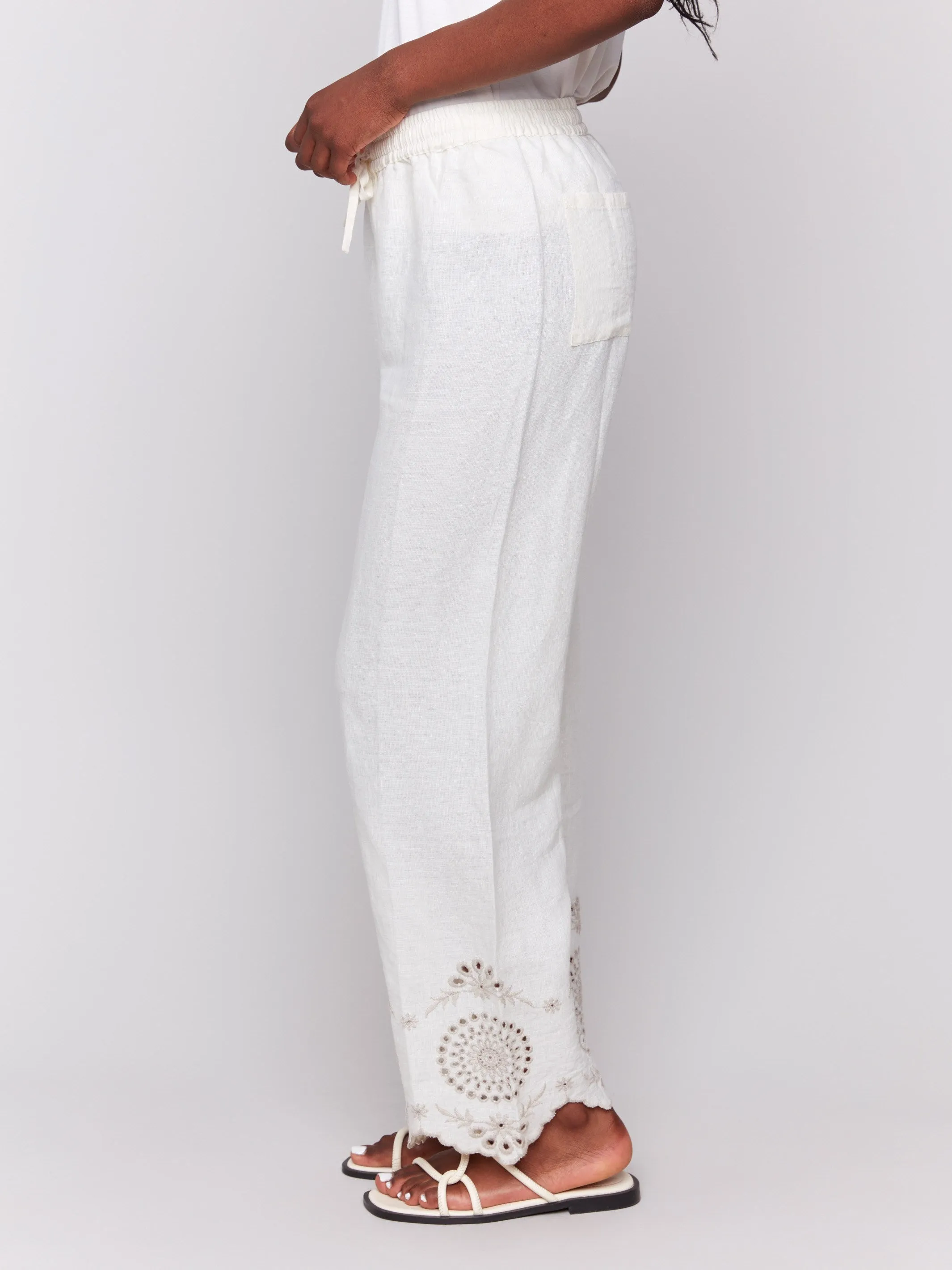 Pull-On Linen Pants with Eyelet Embroidery - Natural