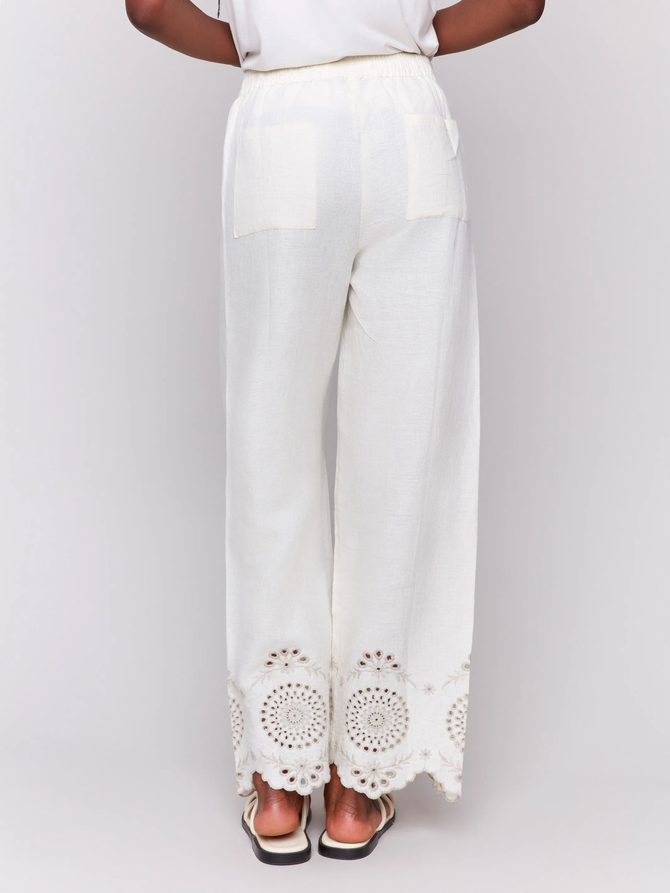 Pull-On Linen Pants with Eyelet Embroidery - Natural
