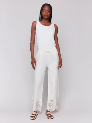 Pull-On Linen Pants with Eyelet Embroidery - Natural