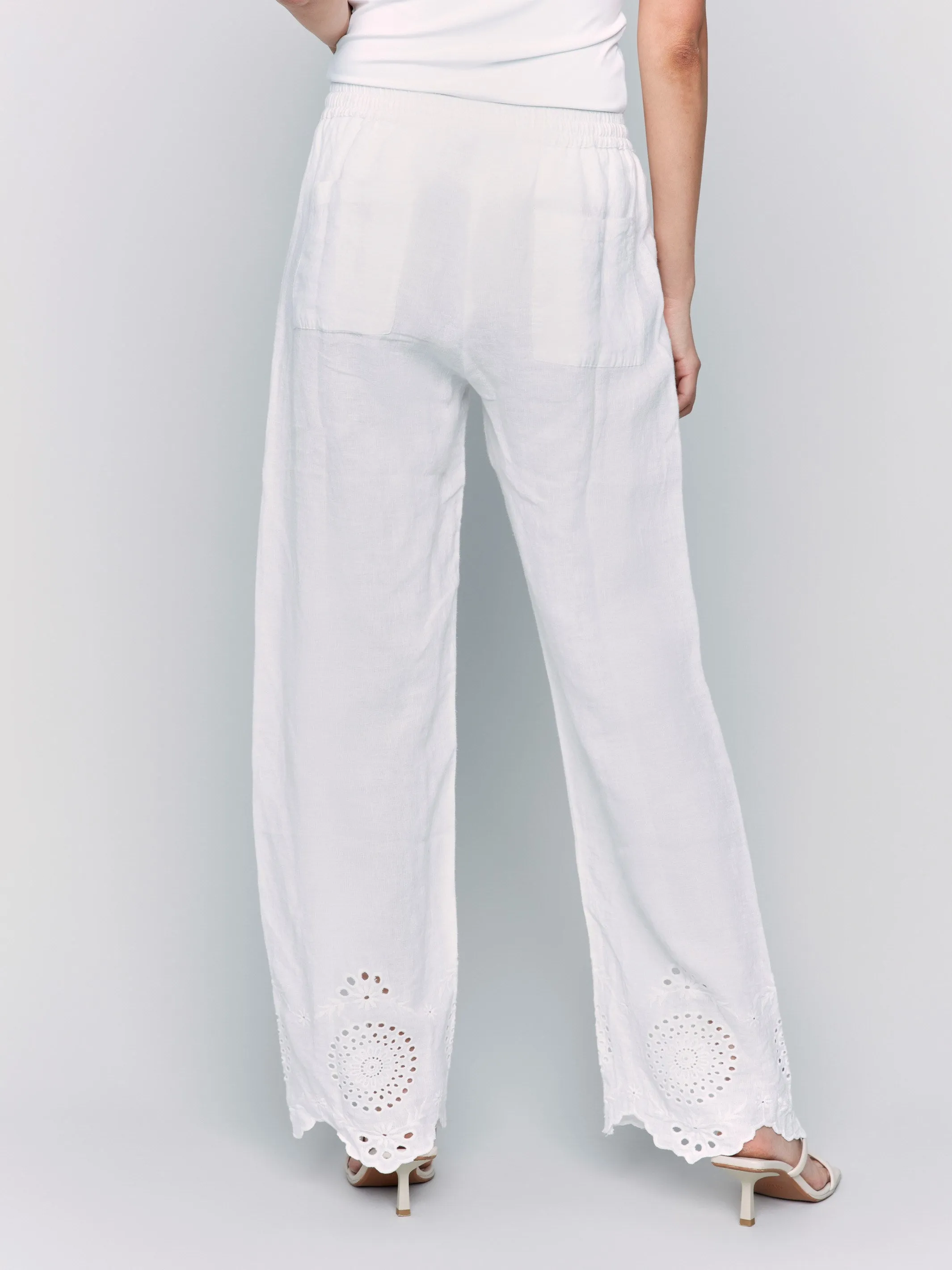 Pull-On Linen Pants with Eyelet Embroidery - White