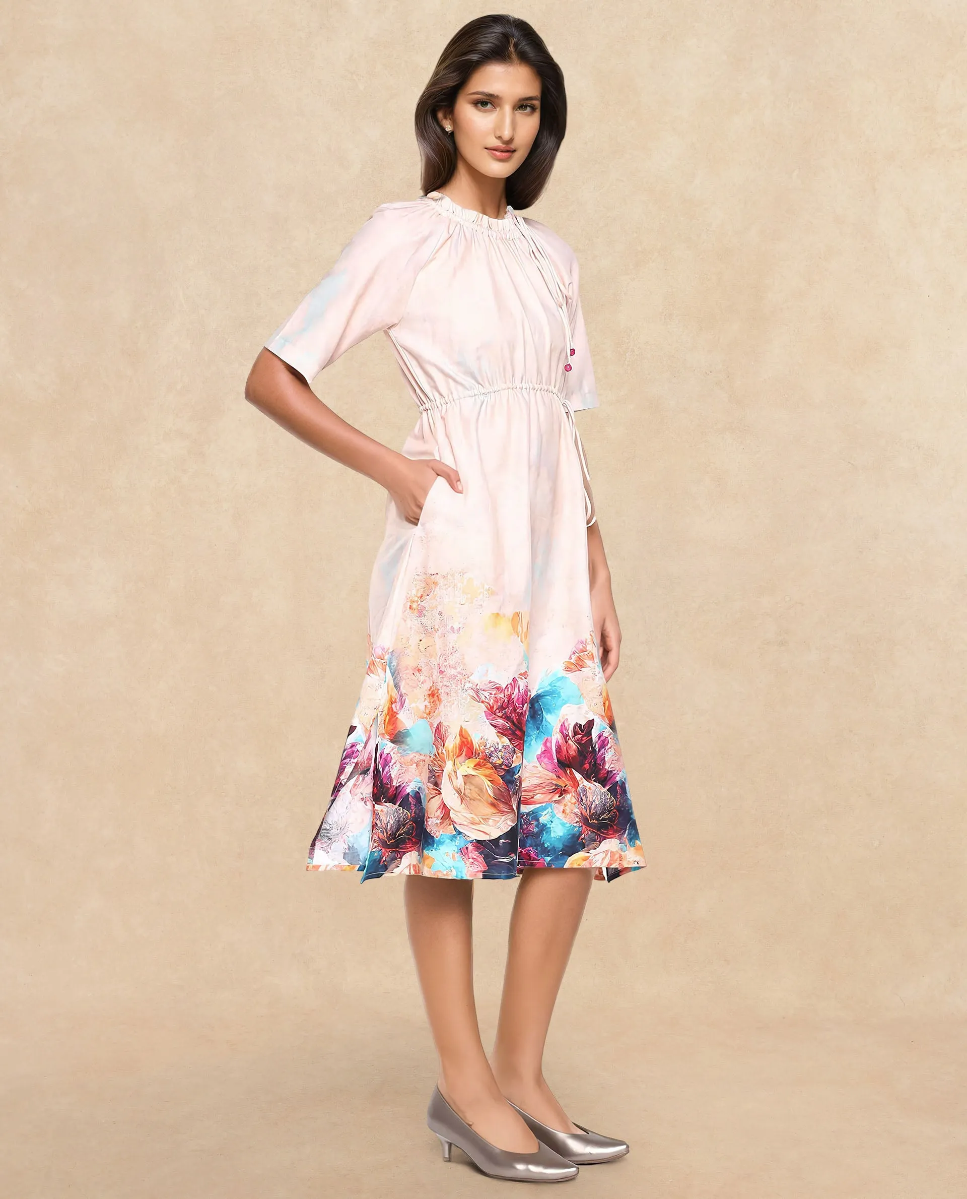 Rareism Women Zushi Multi Cotton Fabric Raglan Sleeves Ruffled Neck Tie-Up Closure A-Line Midi Floral Print Dress