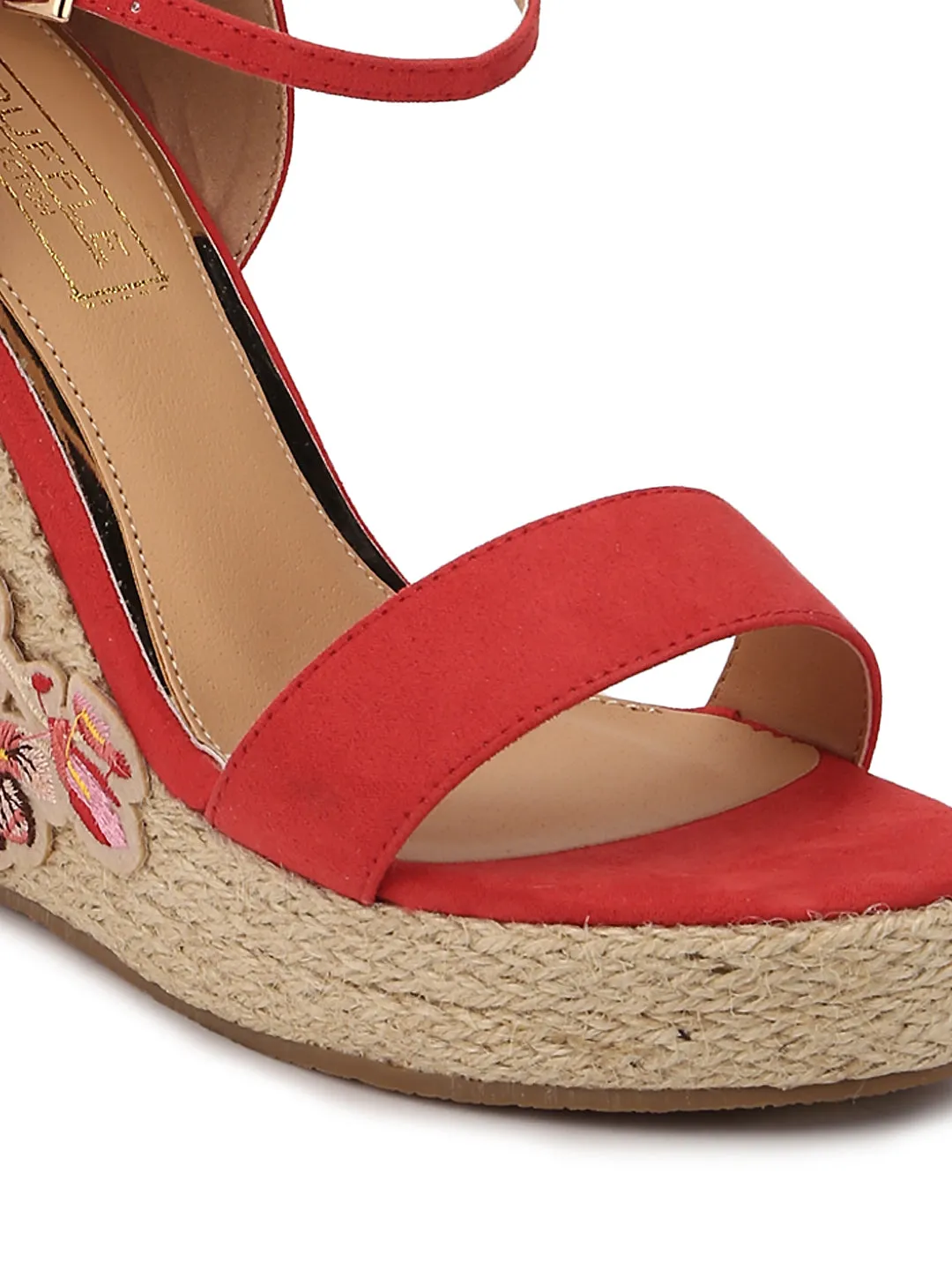 Red Micro Embroidred Ankle Strap Wedges
