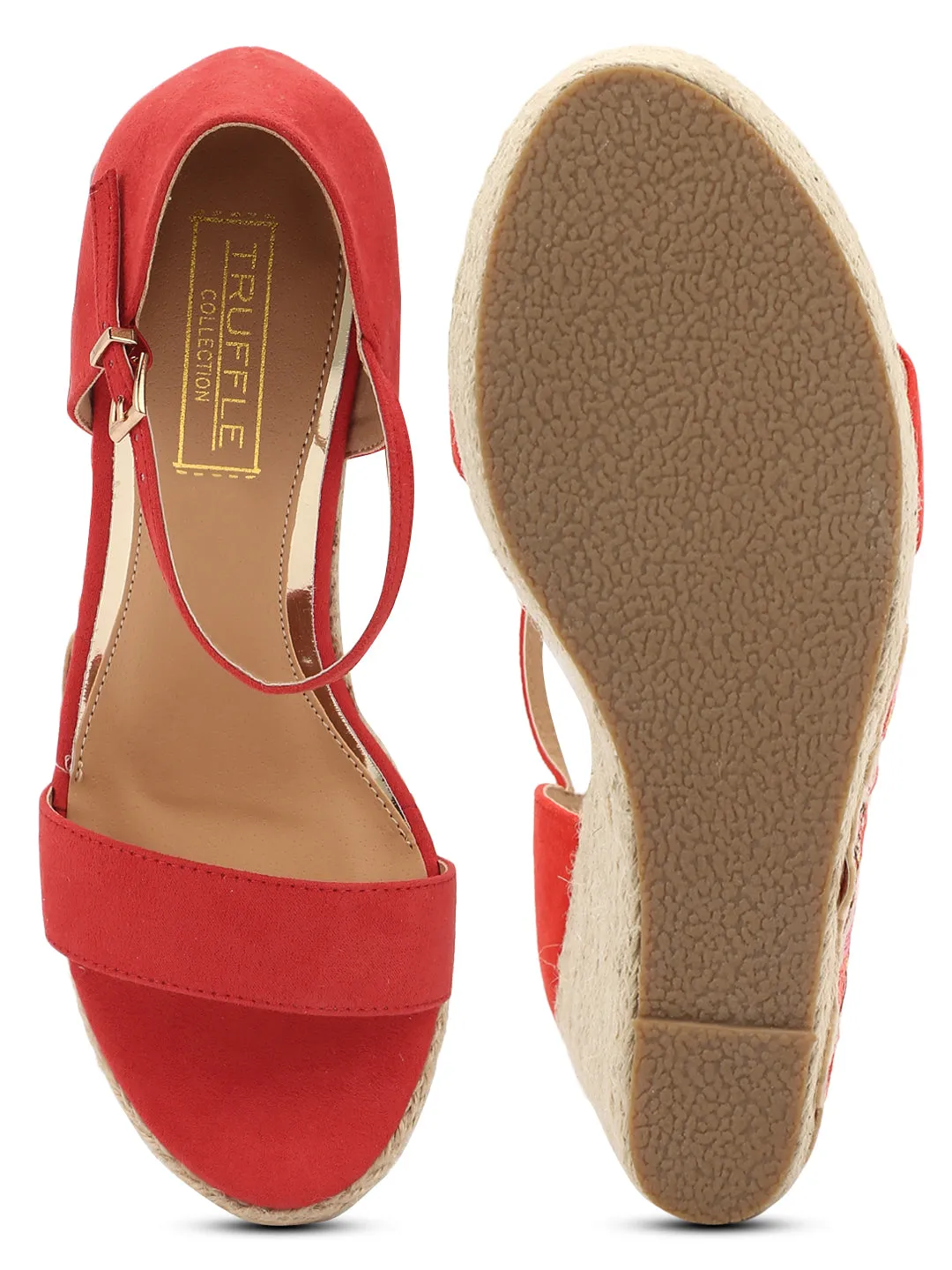 Red Micro Embroidred Ankle Strap Wedges