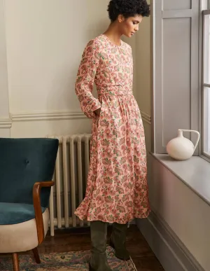 Ruched Waist Midi Dress-Milkshake, Paisley Bloom