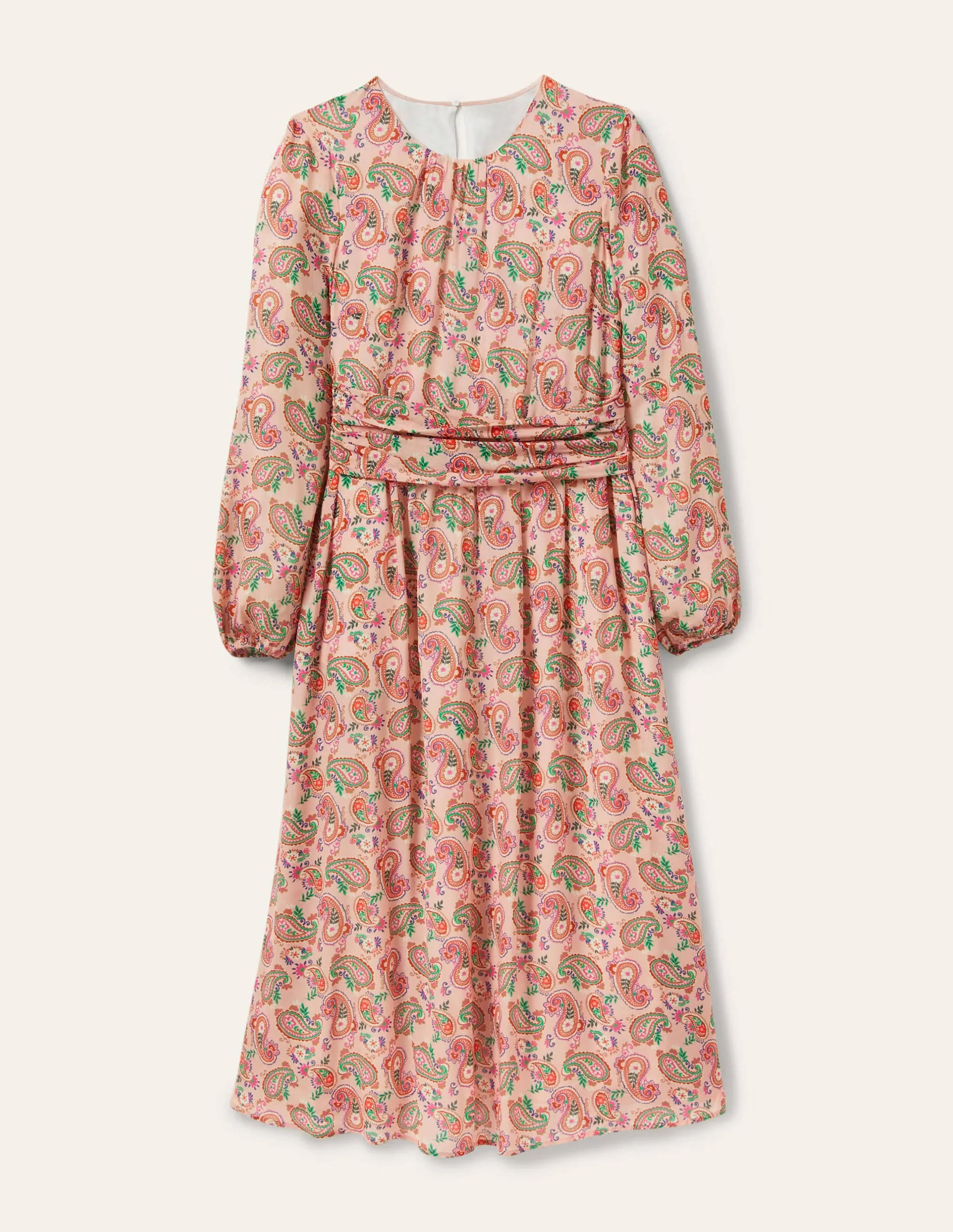 Ruched Waist Midi Dress-Milkshake, Paisley Bloom