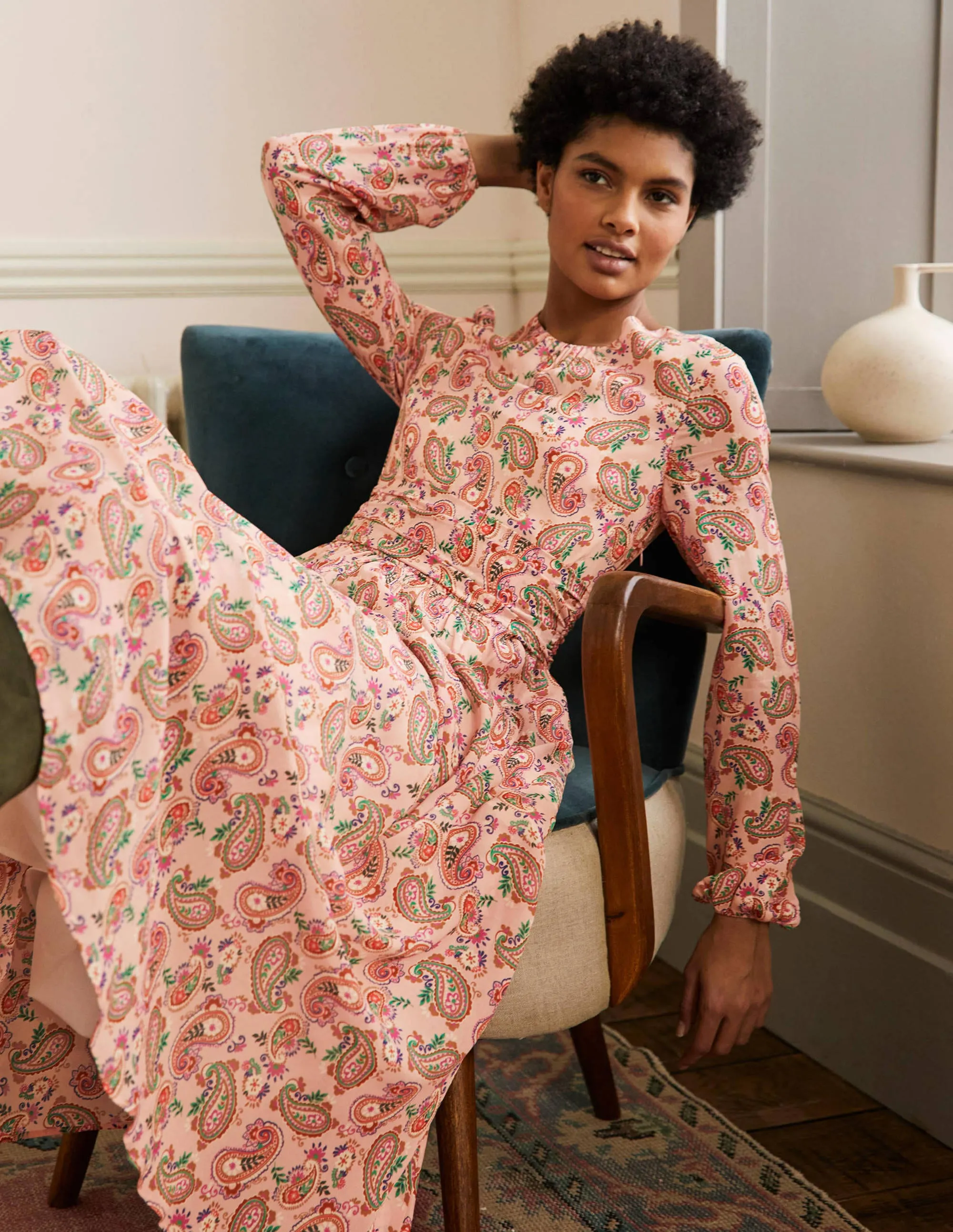 Ruched Waist Midi Dress-Milkshake, Paisley Bloom