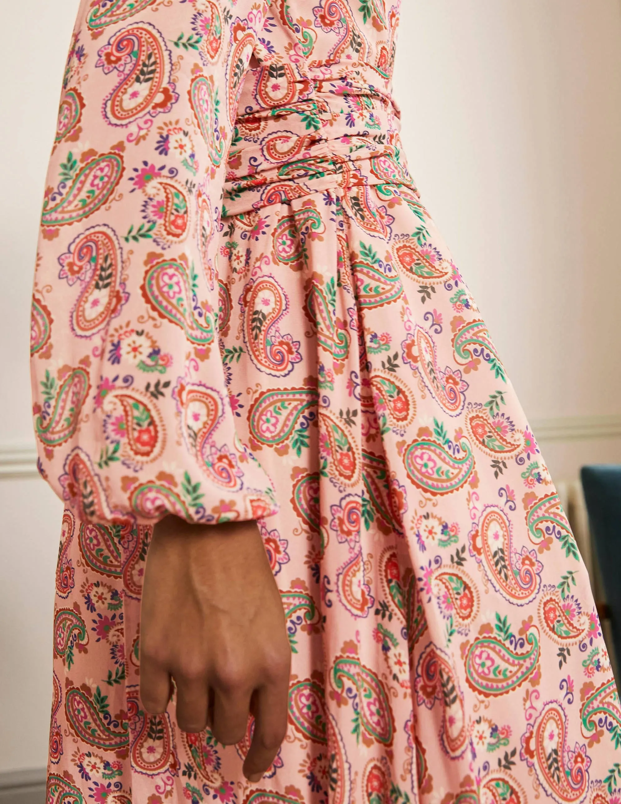 Ruched Waist Midi Dress-Milkshake, Paisley Bloom