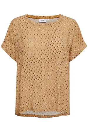 Saint Tropez tan leaf print cap sleeve woven top
