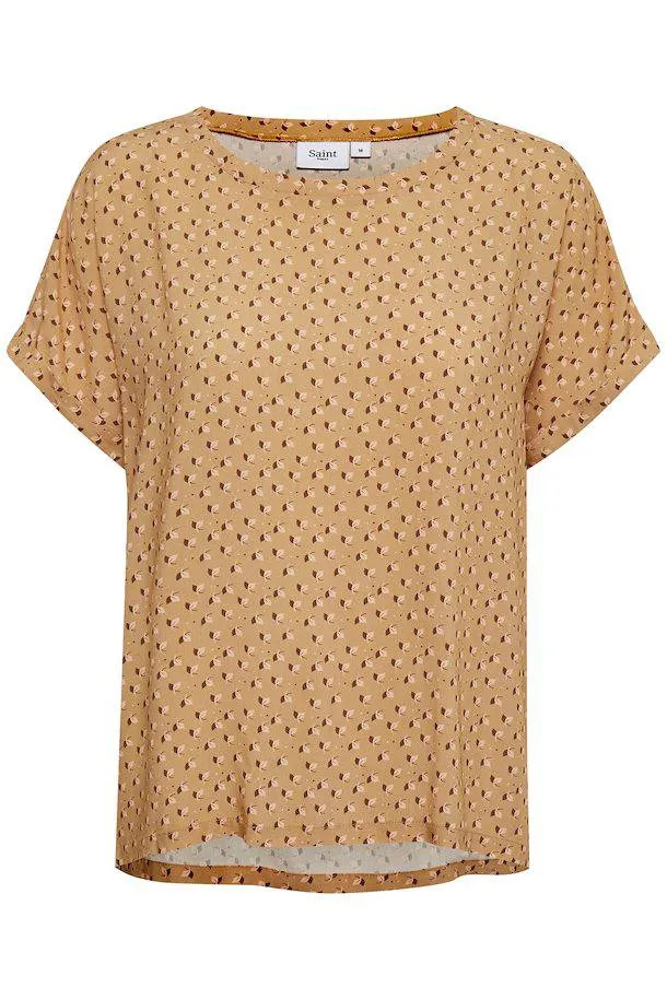 Saint Tropez tan leaf print cap sleeve woven top