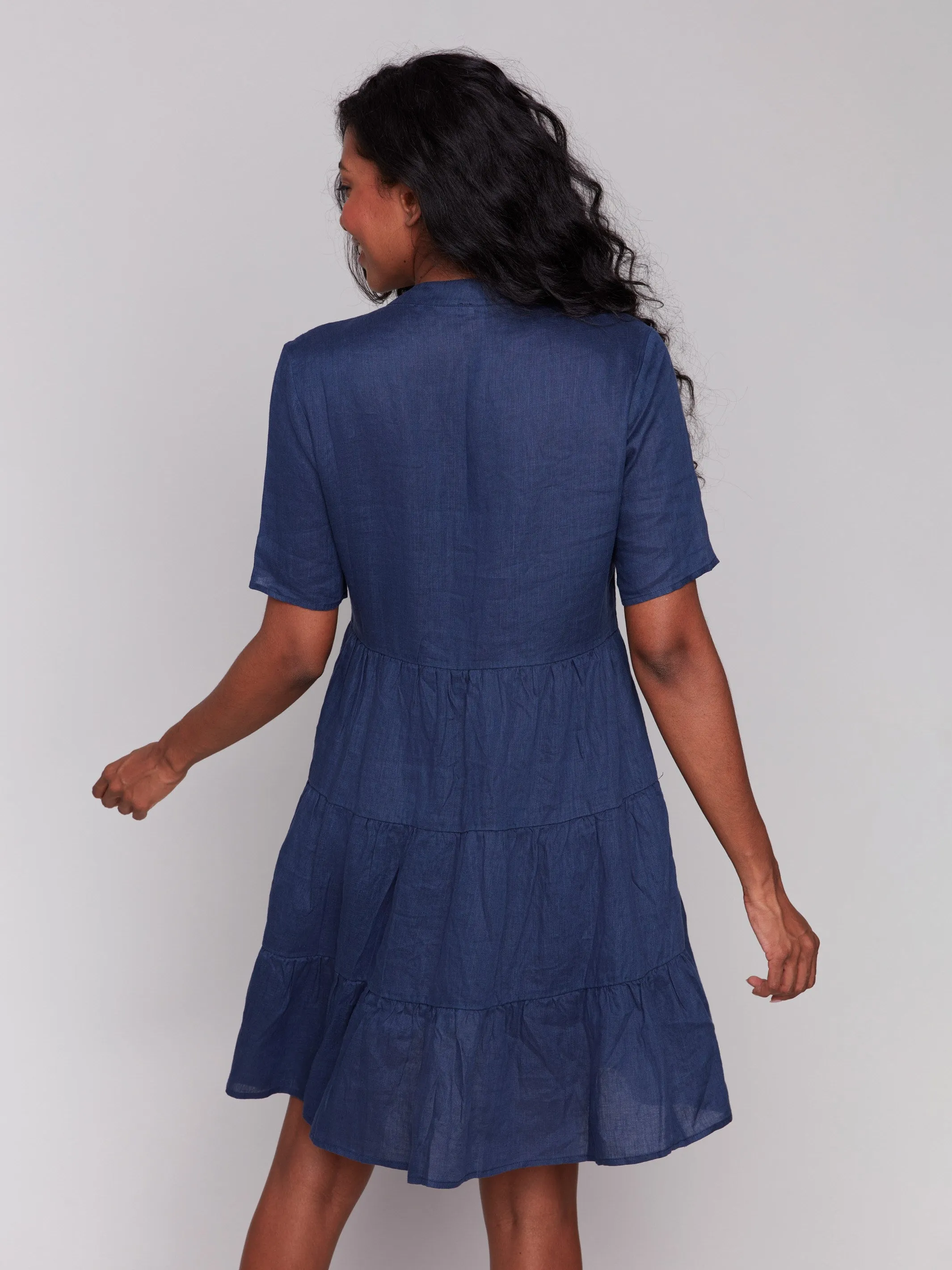Tiered Linen Blend Dress - Navy