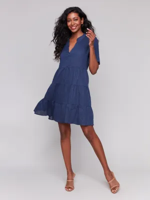 Tiered Linen Blend Dress - Navy