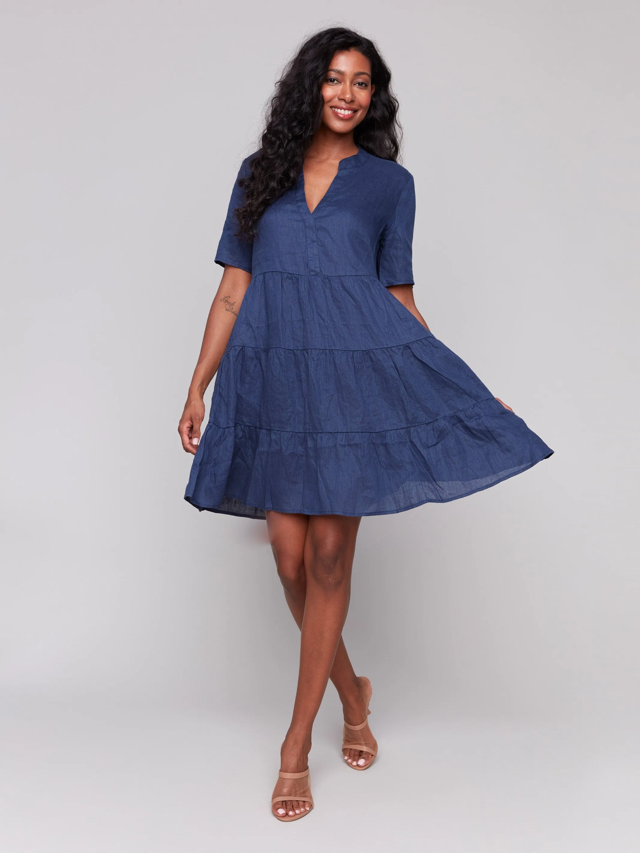 Tiered Linen Blend Dress - Navy