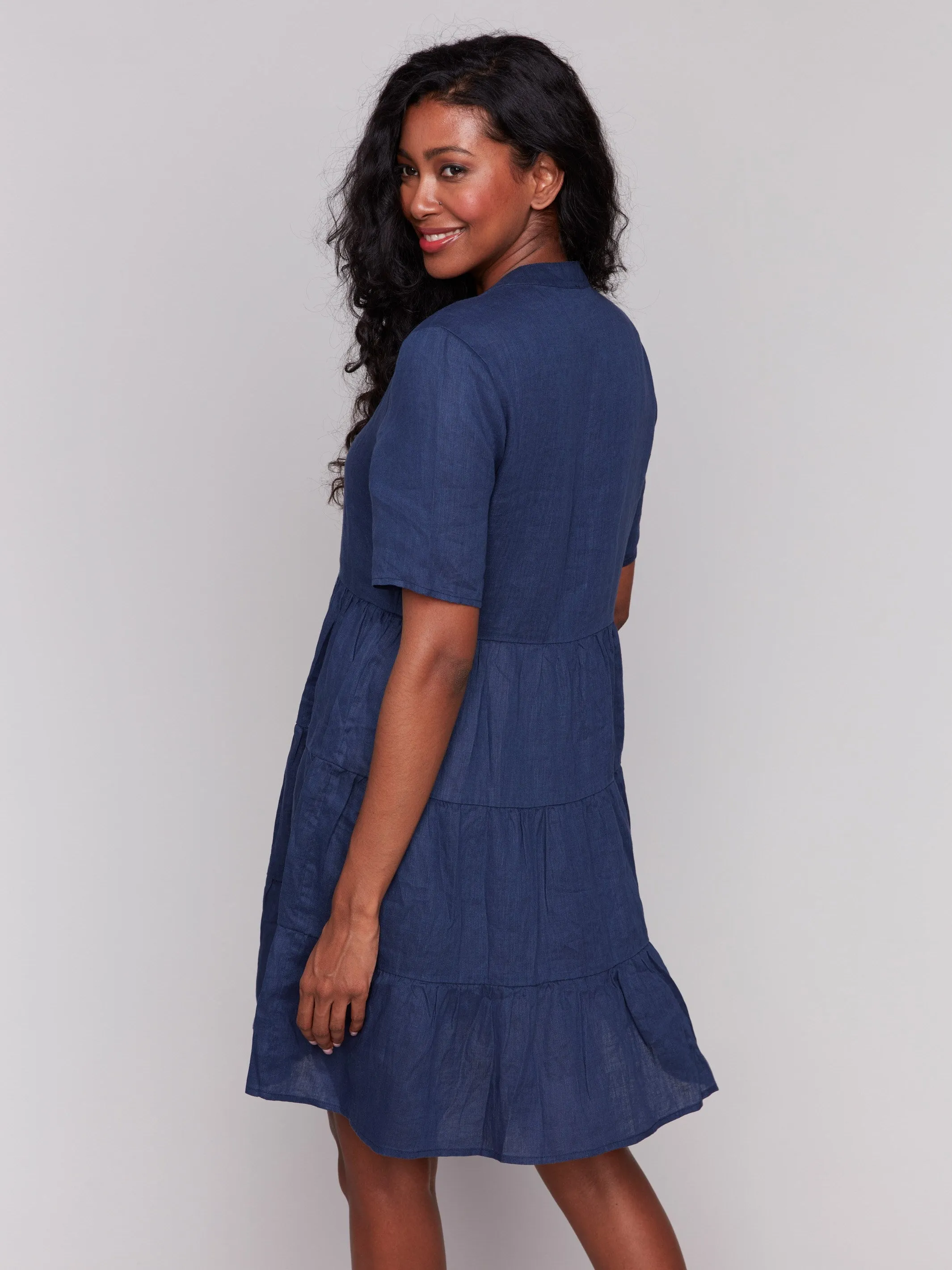 Tiered Linen Blend Dress - Navy